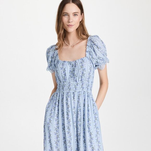 LoveShackFancy Dresses & Skirts - Smocked Square Neck Puff Sleeve Maxi Dress - Light Blue